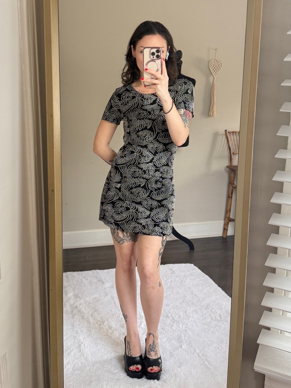 Vintage 90s/ Y2K Short Sleeve Textured Spotted Black & White Ultra Mini Dress